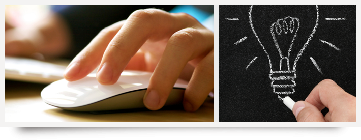 Hand on computer mouse and Light bulb on chalkboard