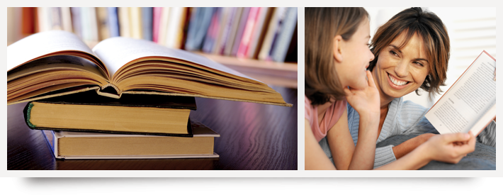 Stack of books and Parent and student with book
